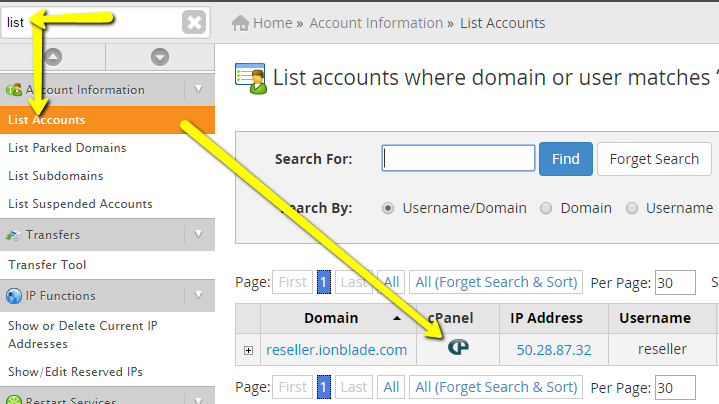 access cpanel from whm