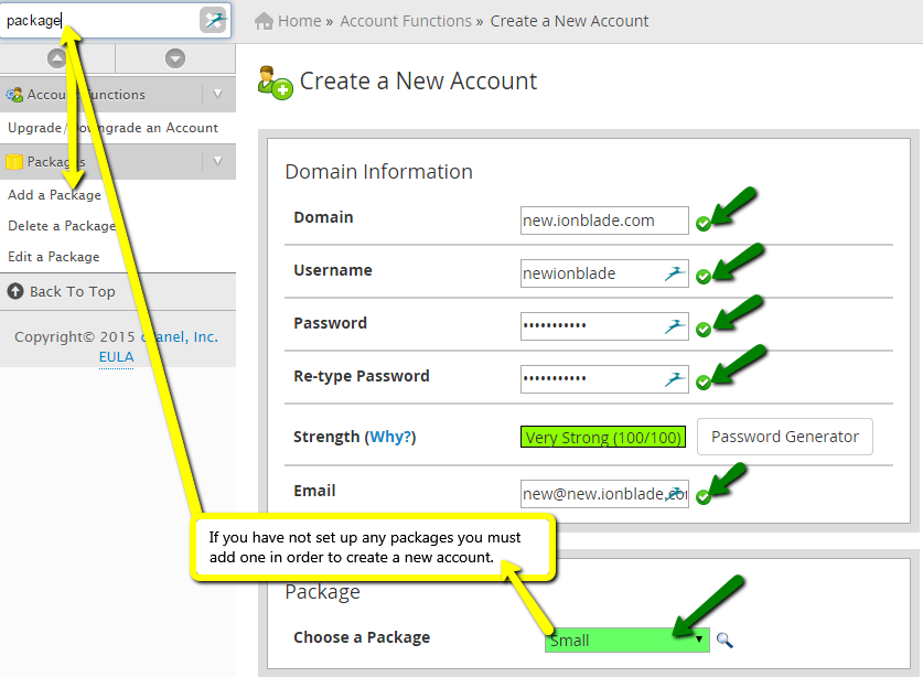 How to create cpanel account from whm step 2